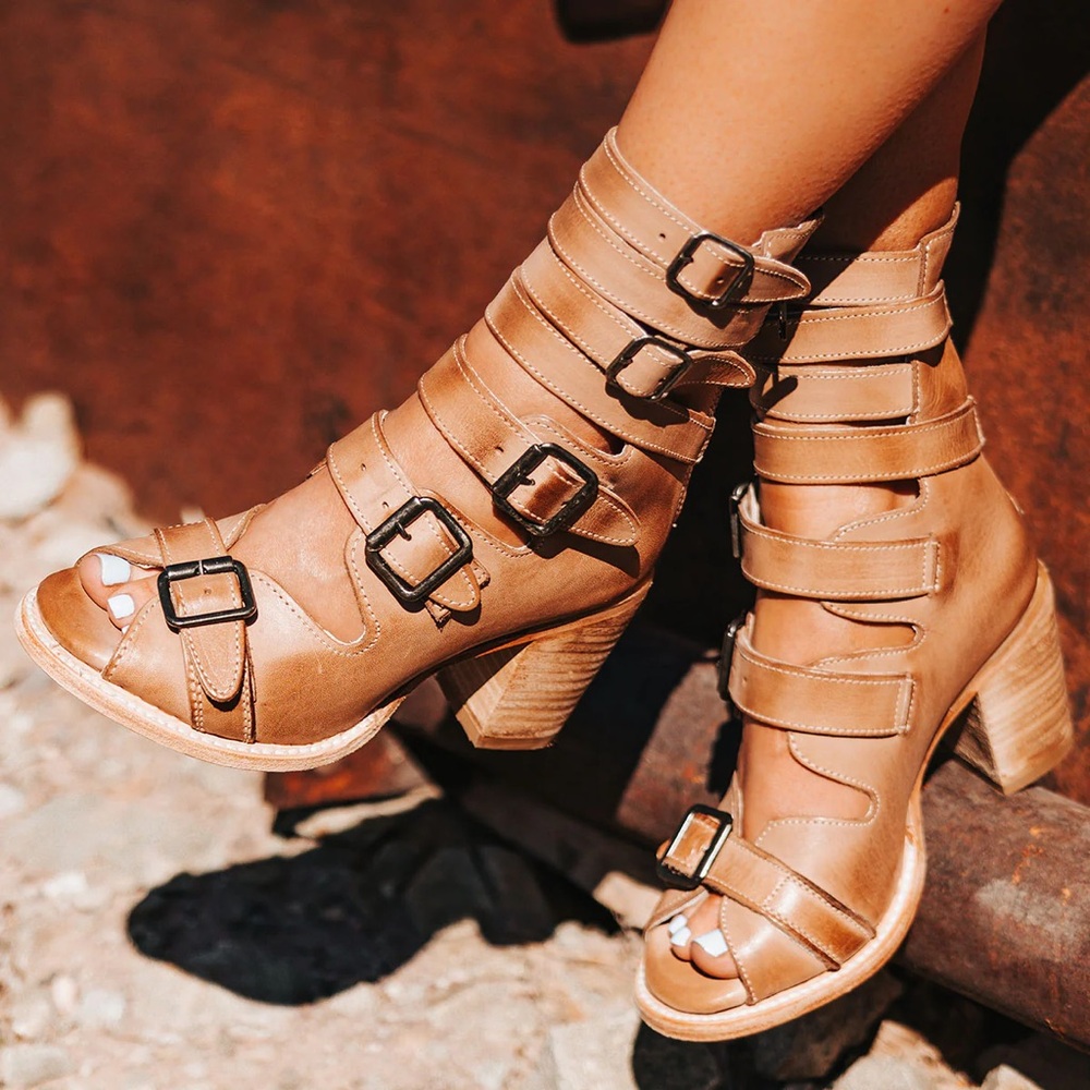 Freebird by Steven sandals - Bond Tan Heeled Boots with Multi-Strap Design